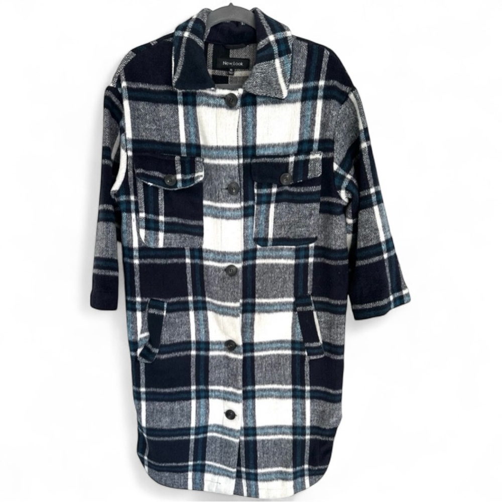 New Look Trendy Plaid Print Button Front Midi Coat Causal Color-block Size XL